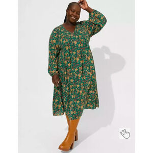 Torrid Gauze Smocked Midi Dress Womens 3X Green Floral Long Sleeve Cottage